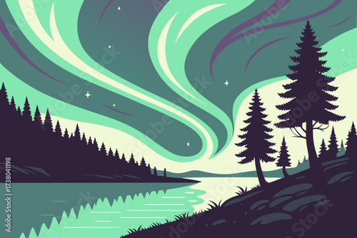 Aurora borealis over a calm lake and pine forest northern lights