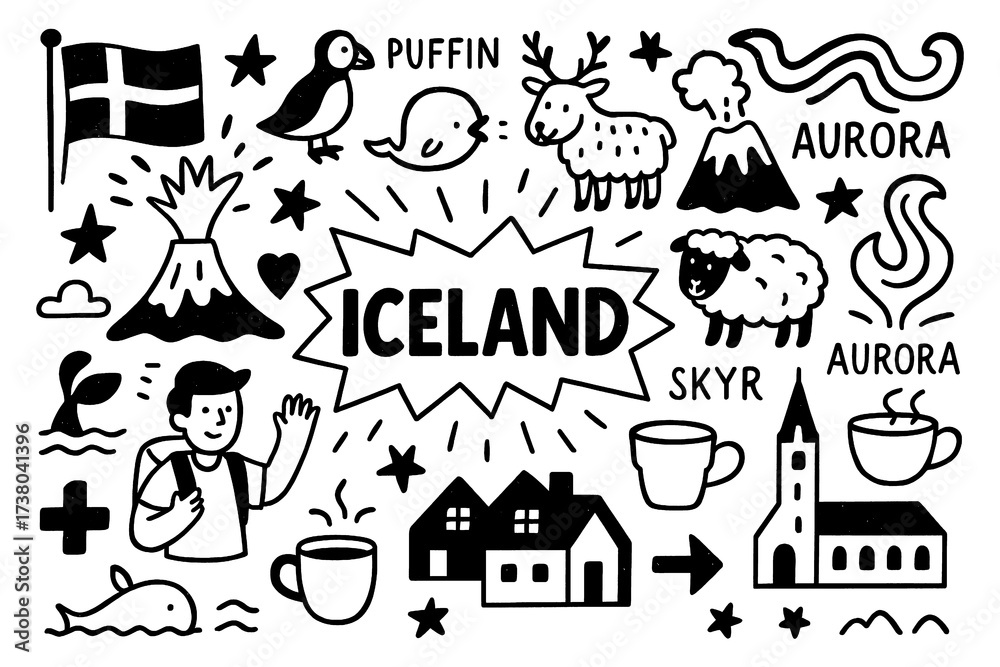 Obraz premium Iceland travel doodle set with volcano, geyser, hot springs, puffin, sheep, horse, and glacier icons, Transparent Background