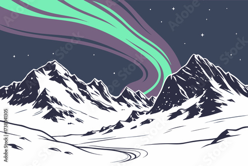Aurora Borealis over snow capped mountains vector northern lights