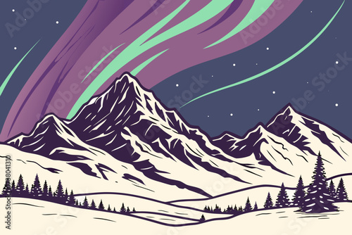 Aurora borealis over snow covered mountains and pine trees 1