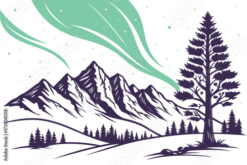 Aurora Borealis over snow-capped mountains and pine trees 1