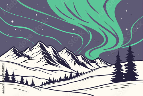 Aurora borealis over snow-covered mountains and pine trees