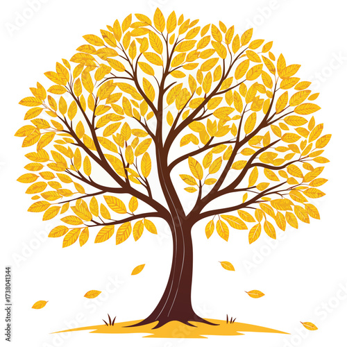 Golden leaves adorn a brown tree as some leaves fall near the ground in autumn with transparent background