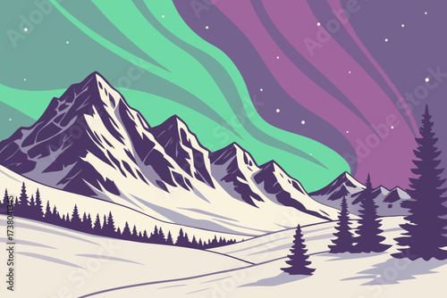 Aurora borealis over snow covered mountains and pine trees 2