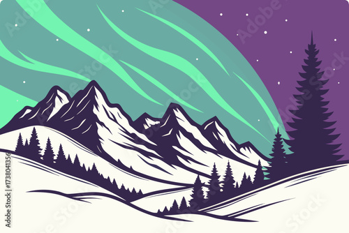 Aurora borealis over snow covered mountains and pine trees