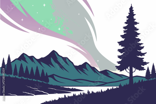 Aurora borealis over teal mountains and pine forest