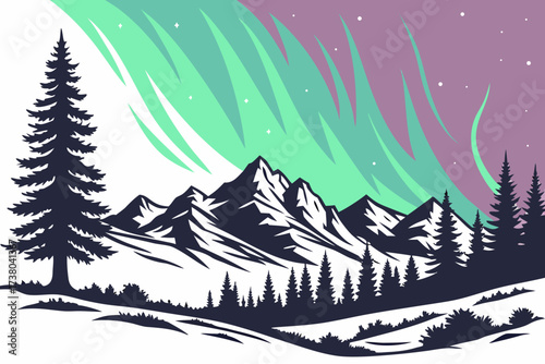 Aurora borealis over snow-capped mountains and pine trees