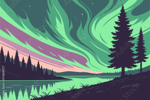 Aurora borealis over tranquil lake and pine forest