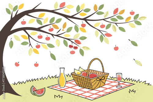 Autumn picnic under a tree with apples and juice vector