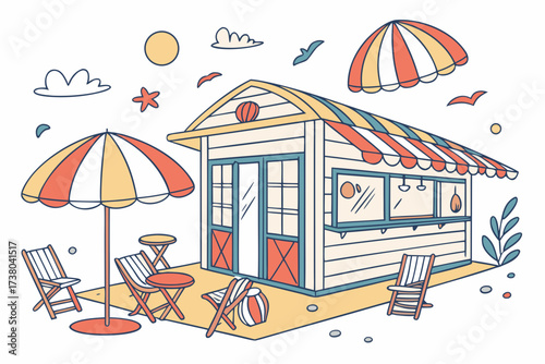 Beach cafe with striped umbrellas and chairs seaside