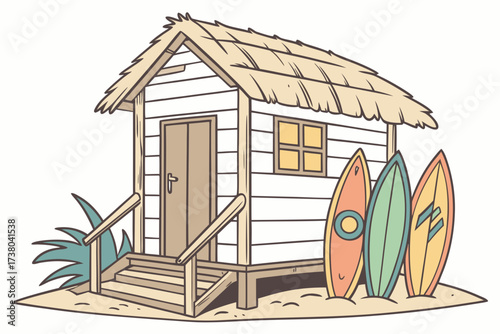 Beach shack with colorful surfboards on sand tropical