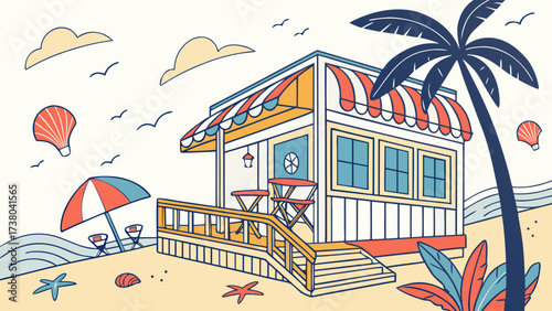 Beachside cafe with palm tree and ocean waves seaside