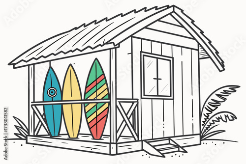 Beach shack with colorful surfboards vector illustration