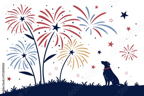 Black dog watches red blue and gold fireworks display
