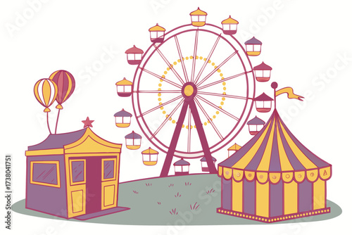 Carnival scene with ferris wheel and tents on white background