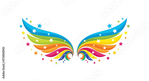 Vibrant rainbow wings embellished with whimsical stars, exuding magical artistry and joyful