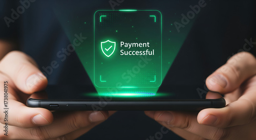 Successful payment confirmation displayed on a smartphone screen with a green holographic interface