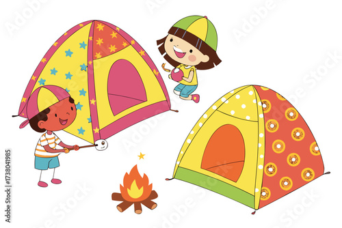 Children camping with colorful tents and campfire marshmallow