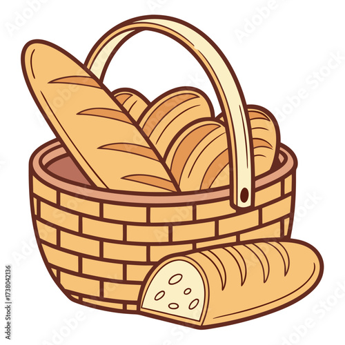Woven basket holds freshly baked breads including baguette loaf, transparent background