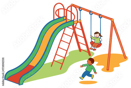 Children playing on colorful playground slide and swings