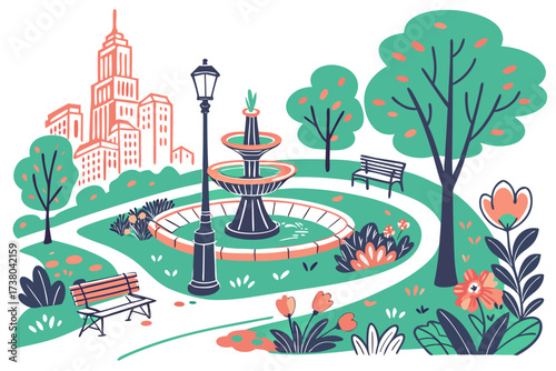 City park with fountain and buildings vector trees