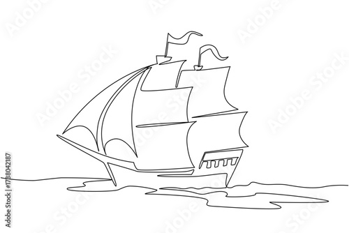 Single continuous line drawing pinisi ship. Traditional boat from South Sulawesi, Indonesia. Has a very unique design. Inter island trade. National Maritime Day. One line design vector illustration