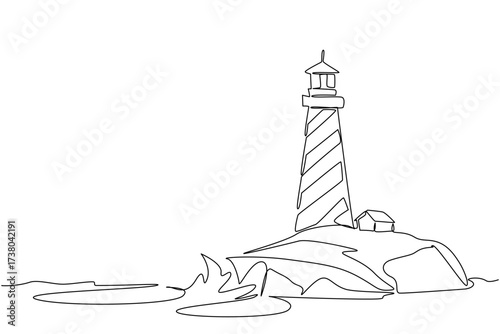 Continuous one line drawing lighthouse on reef. Navigation aid for ships at night or in bad weather conditions. Adventure. The beacon National Maritime Day. Single line draw design vector illustration