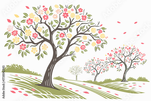 Colorful blooming trees in a gentle landscape spring