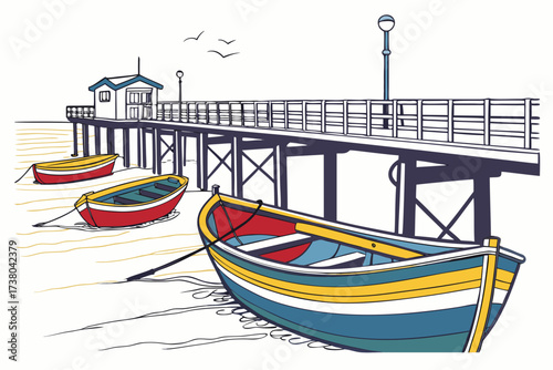 Colorful boats docked at a seaside pier vector illustration 1