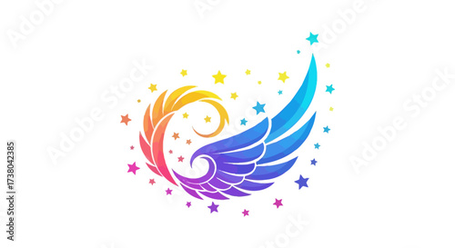 Colorful wing icon design with star accents creates a celestial and fantasy atmosphere