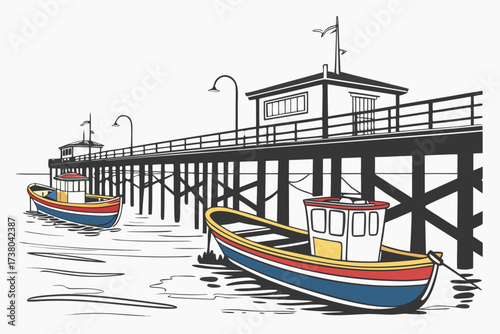 Colorful boats docked at a seaside pier vector illustration