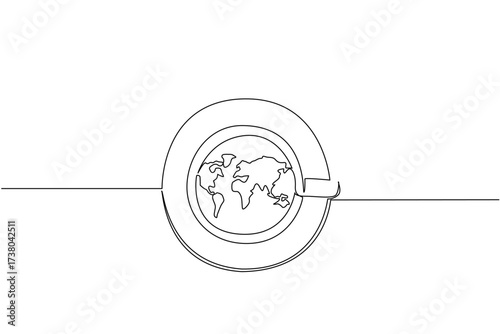 Single one line drawing a cup filled with tea with a saucer and a world map on the surface of the cup. Breakfast with a cup of tea. International Tea Day. Continuous line design graphic illustration