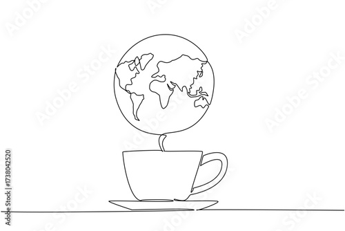 Single continuous line drawing a cup of tea with steam forming a world map. Tea seed cultivation in various countries. Relax in the morning. International Tea Day. One line design vector illustration