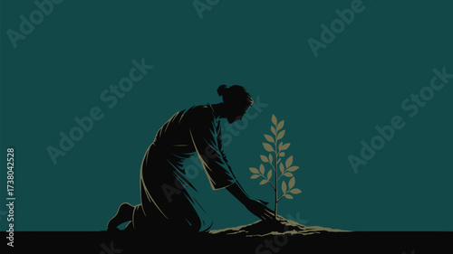 Woman planting a young tree with care, symbolizing growth, hope, and environmental stewardship in a clean, graphic style perfect for eco-conscious brands