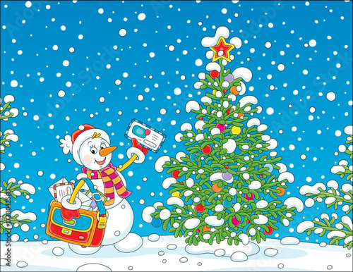 Funny snowman postman friendly smiling and waving in greeting with letters from little children to Santa Claus near a snow-covered green Christmas tree, vector cartoon illustration