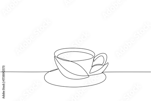 Continuous one line drawing a tea cup made of tea leaves with a saucer. Tea leaves have a calming aroma. Enthusiasm for the day. International Tea Day. Single line draw design vector illustration