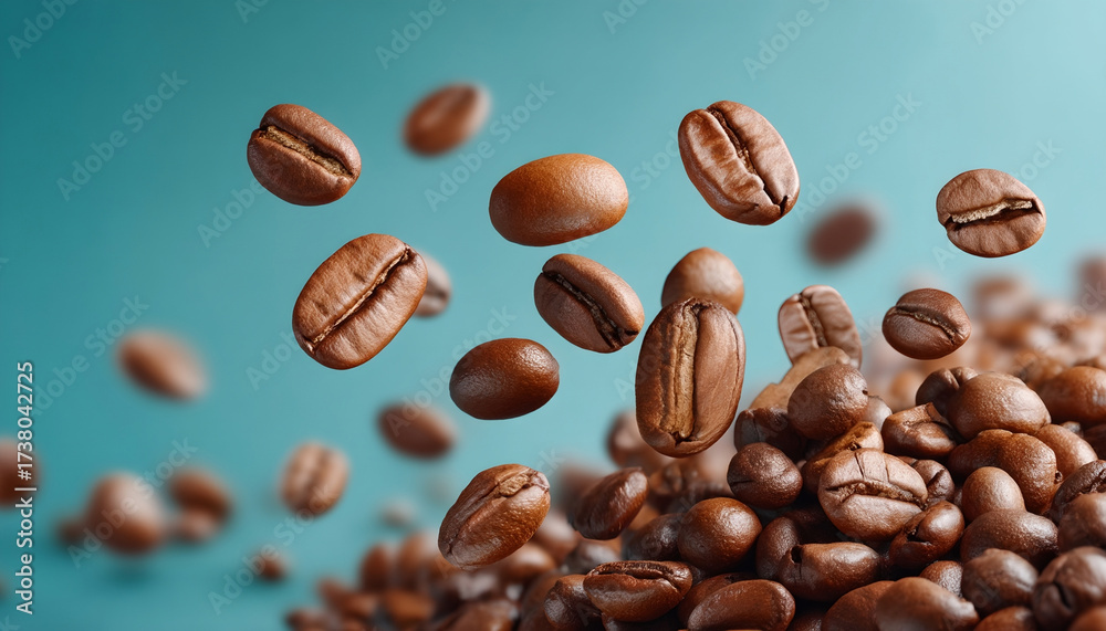 Obraz premium Fresh coffee beans floating above pile, showcasing their rich texture and color against soft blue background, evoking sense of gourmet delight