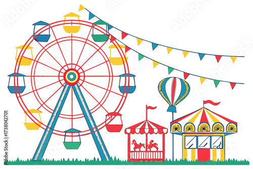 Colorful carnival scene with Ferris wheel and rides