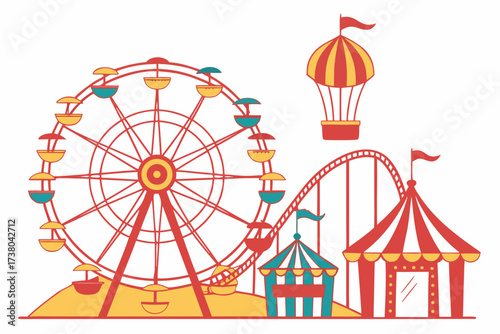 Colorful Carnival Scene with Ferris Wheel and Roller Coaster
