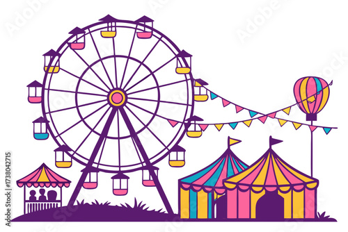 Colorful carnival with ferris wheel and tents on white background