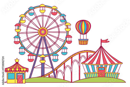 Colorful Carnival Scene with Ferris Wheel and Tent