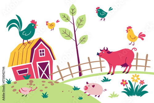 Colorful cartoon farm animals and barn vector art chicken