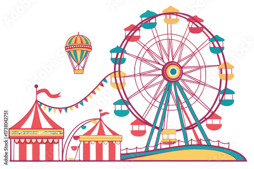 Colorful Carnival Scene with Ferris Wheel and Tents