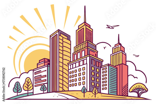 Colorful cartoon city skyline with sun and birds buildings