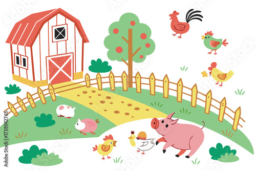 Colorful cartoon farmyard scene with animals and barn