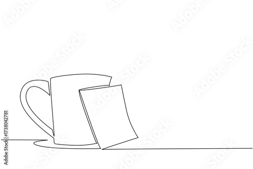Continuous one line drawing mug glass with memo paper attached. Still make time to drink plenty during busy times. A glass of hot coffee. National Memo Day. Single line draw design vector illustration