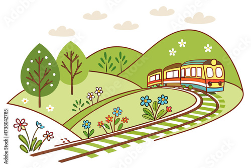 Colorful cartoon train on a scenic railway track illustration