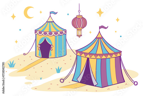 Colorful circus tents under a crescent moon carnival
