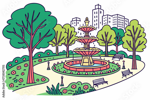 Colorful city park with fountain and buildings trees