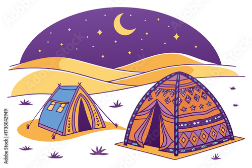 Colorful desert night with tents and starry sky stars